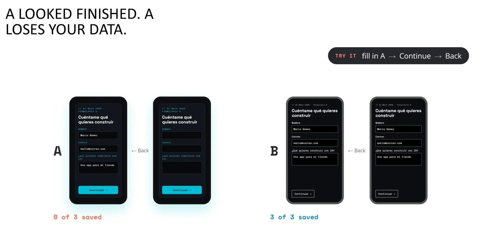 Form A comes back empty after going back; form B keeps everything